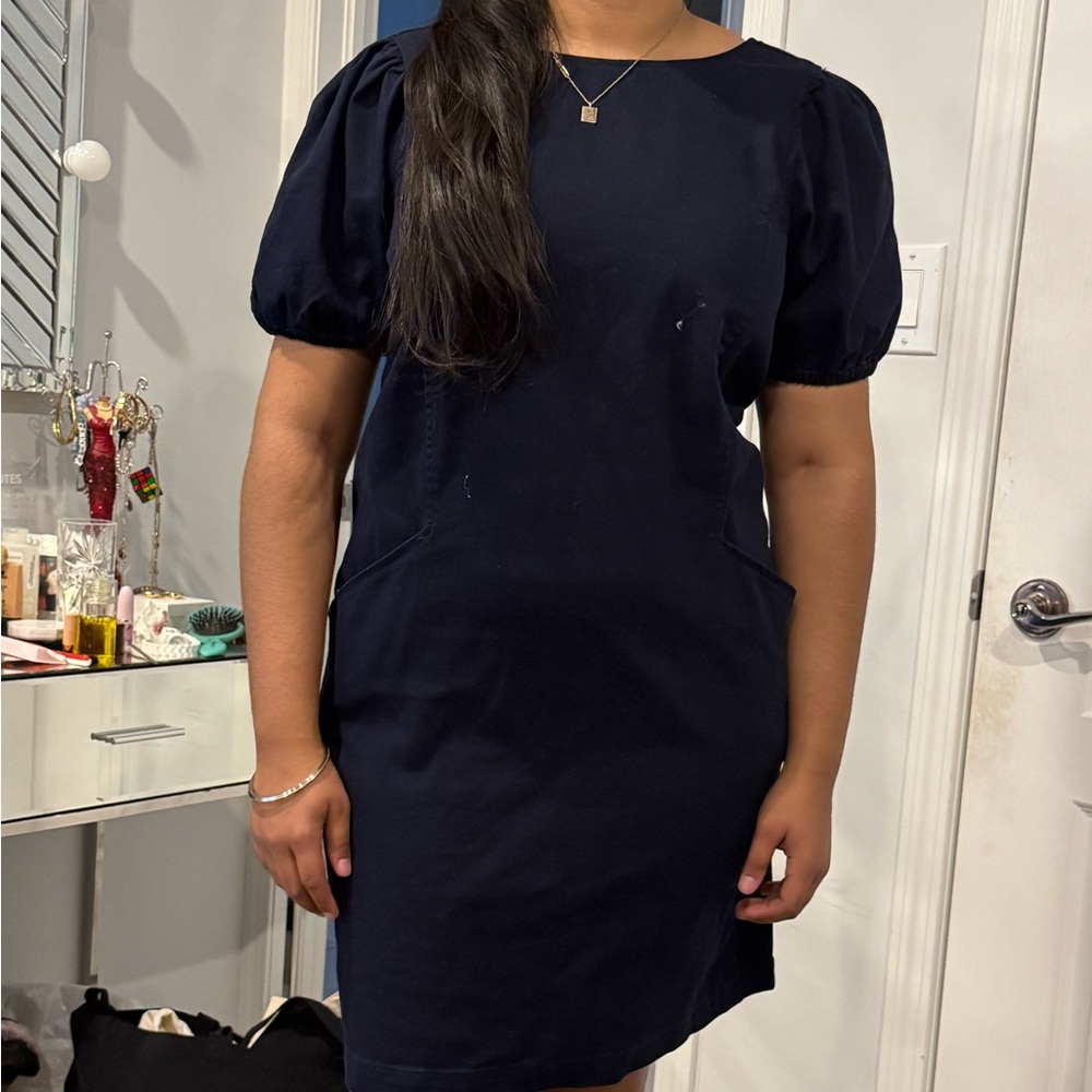 Elegant Navy Blue Puff Sleeve Dress